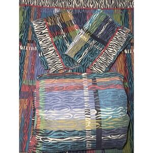 Vtg COLLIER CAMPBELL Zebra Sheet Set 4pc QUEEN Wood Grain Multicolor Flat Fitted